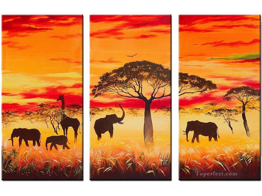  elefantes bajo los árboles en el bosque al atardecer Pintura al óleo